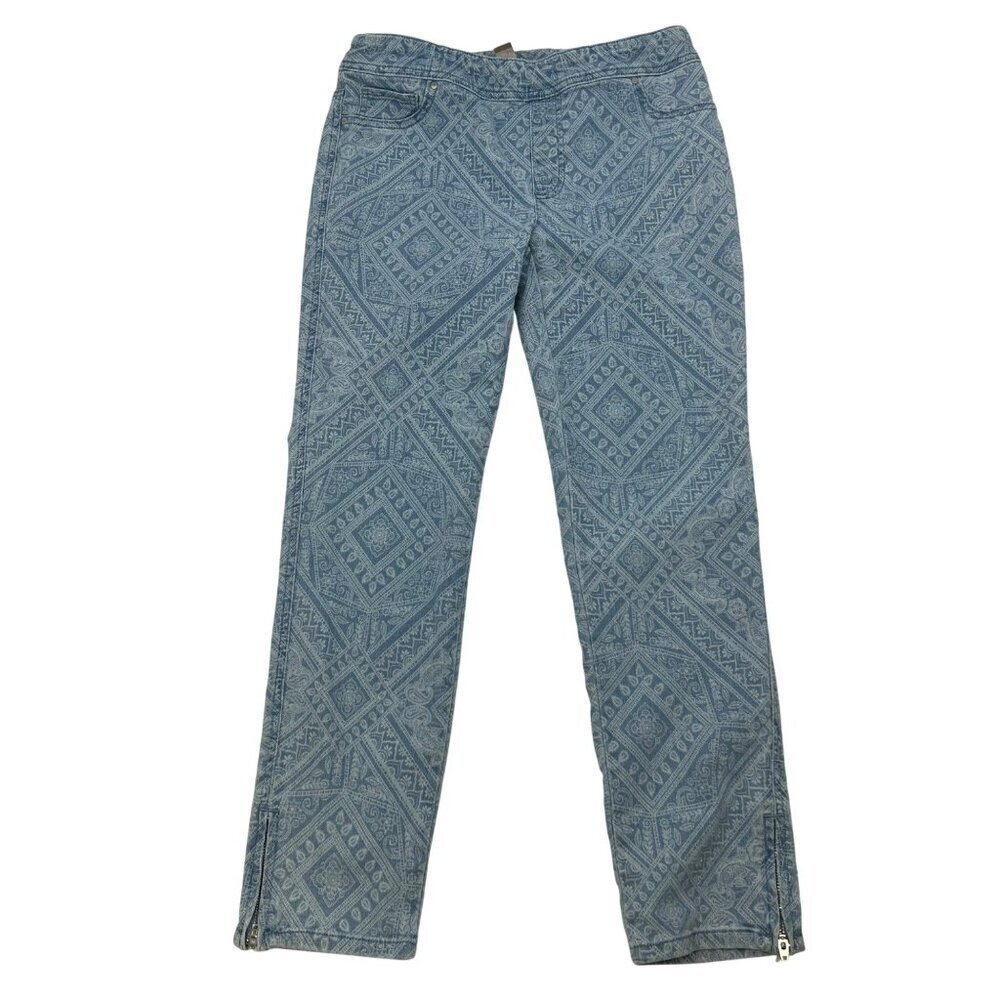 Chico’s Girlfriend Slim Ankle Jeans Pull On Blue/White Print Size XS Ankle Zip